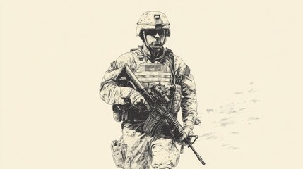 Fototapeta premium Soldier in military gear walking through a desert landscape, showcasing determination and focus