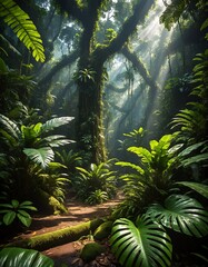 Warm sunlight pouring into a tropical forest