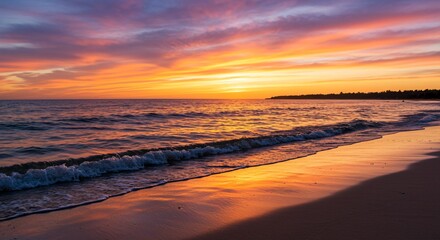 Obraz premium A tranquil beach at sunset with waves that sparkle as they crash