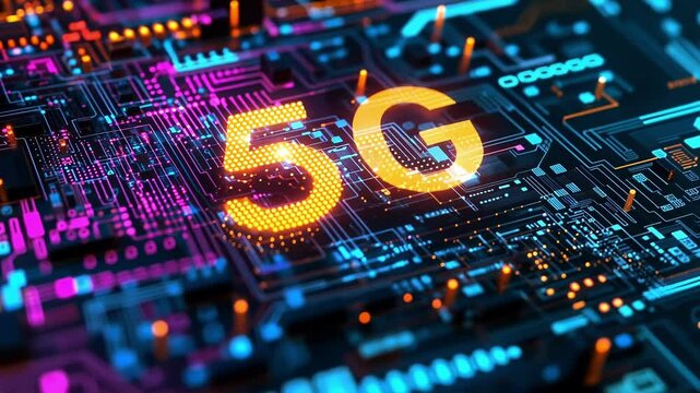 Glowing 5g logo on a printed circuit board, representing advanced wireless technology and connectivity across the motherboard