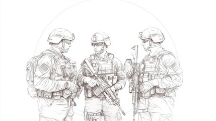Three soldiers in tactical gear discussing strategy in a minimalist, abstract setting