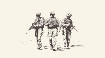 Fototapeta premium Three soldiers in tactical gear walking confidently through a desert landscape, showcasing teamwork