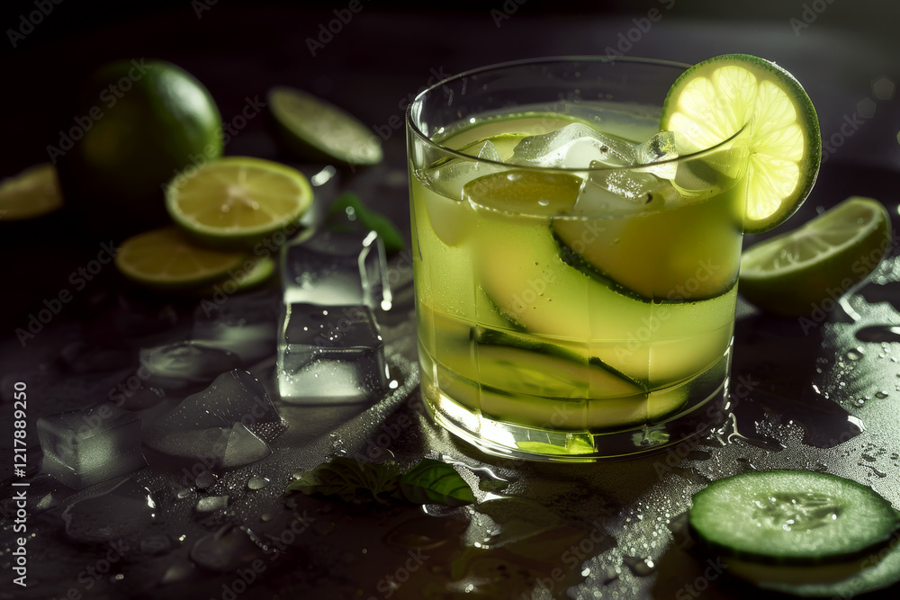 Poster a refreshing beverage in a glass with lime and cucumber slices, surrounded by ice cubes on a dark su