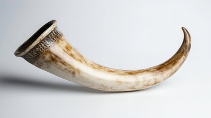Shofar horn on a white background, fully visible and centered.