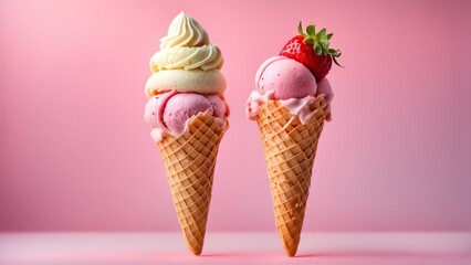 Two delicious ice cream cones, one with strawberry and the other with vanilla soft serve, against a pink background.