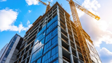 A futuristic skyscraper under construction with reflective glass panels being installed.