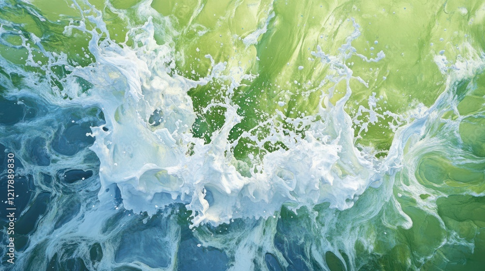 Poster dynamic ocean wave captured from above with vibrant green and blue hues creating a powerful scene