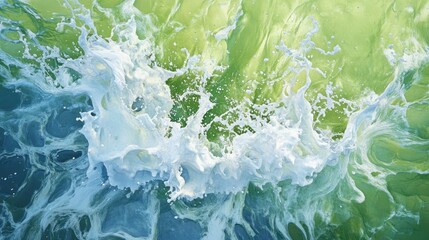 Naklejka premium Dynamic ocean wave captured from above with vibrant green and blue hues creating a powerful scene