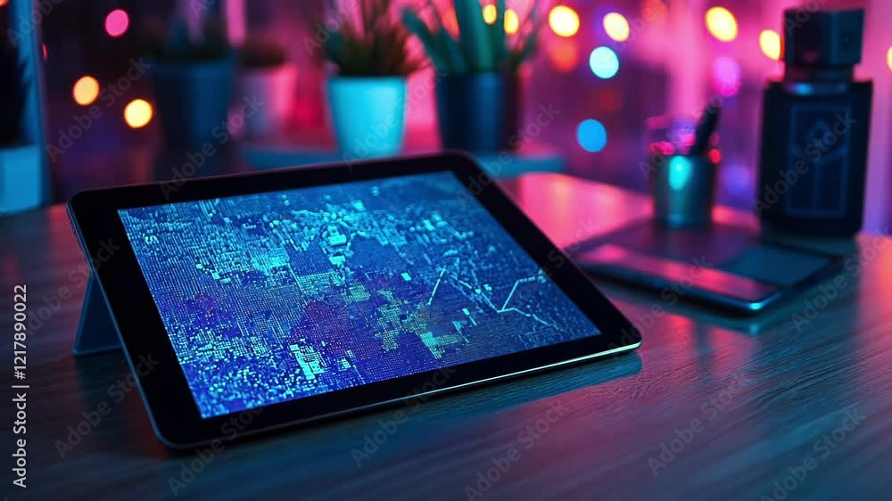 Poster futuristic digital tablet displaying abstract code and data analysis on screen, illuminated by neon 