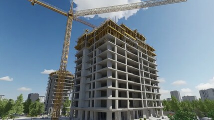 A high-rise building framework with multiple floors and construction cranes in motion.