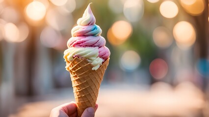 Close-up of a hand holding a delicious swirl of pastel-colored ice cream in a waffle cone against a blurred bokeh background.