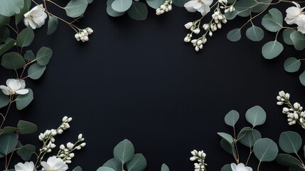 Elegant Floral Frame with Greenery on Dark Background