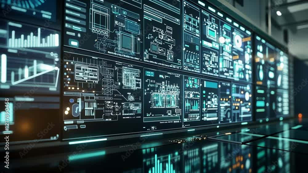 Poster multiple computer screens displaying complex data, schematics, and information in a futuristic contr