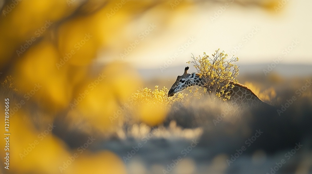 Poster a giraffe stands tall in a field surrounded by a bush in the foreground and a yellow tree in the bac