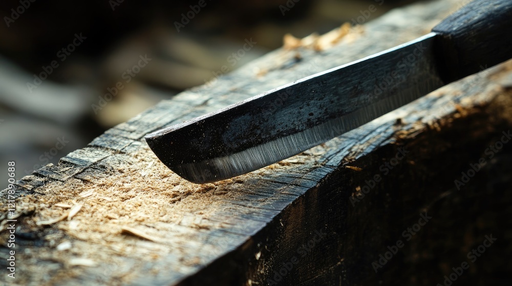 Poster a macro view of a chisel slicing through a thin veneer of oak.