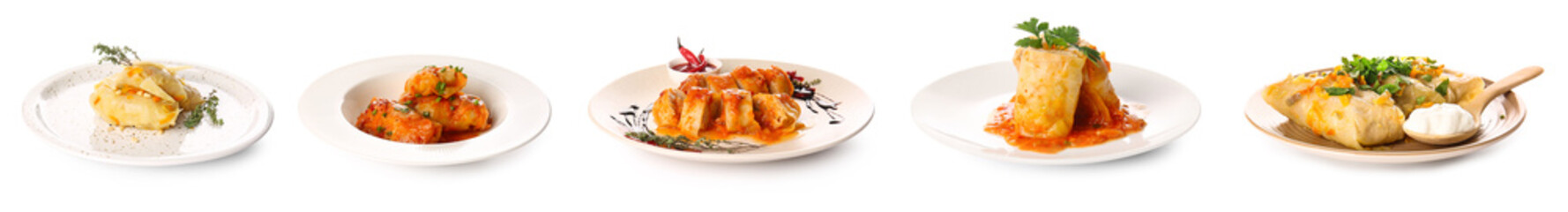 Set of tasty stuffed cabbage on white background