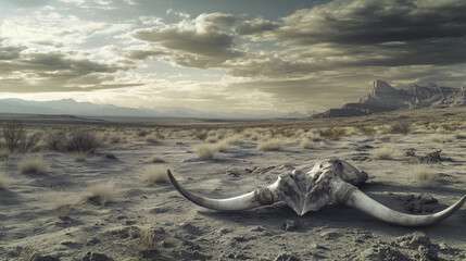 Fototapeta premium Dead cow skull. Skull, buffalo, nature, sand sky, clouds, sea, beach. A beach with clouds and blue sky on the beach. A sand buffalo with skull and a blue sky and clouds in nature on beach. Lifestyle.
