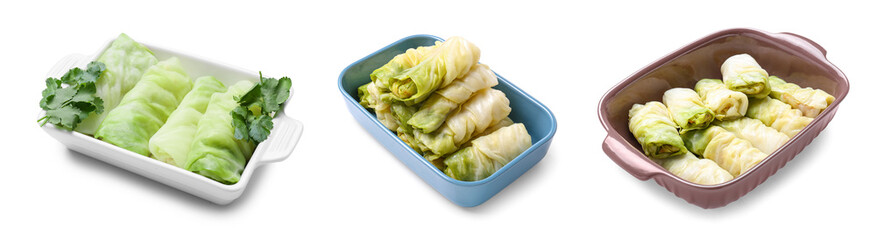 Set of tasty stuffed cabbage on white background
