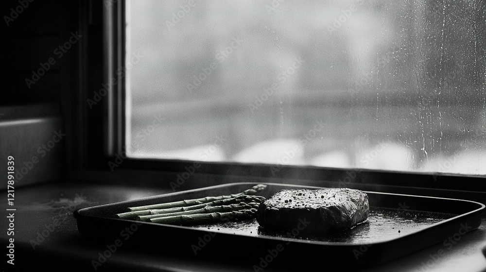 Poster a grayscale image of a cake and asparagus displayed on a platter near a window