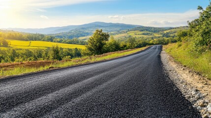 Fototapeta premium A rural road construction site with gravel, asphalt, and a scenic background.
