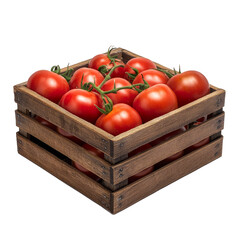 Fresh tomatoes in a wooden box against a transparent background for culinary delights and healthy recipes, wooden box of tomatosisolated on transparent background