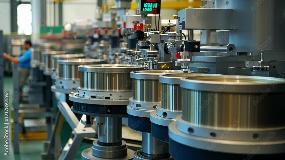 Poster automated machinery processing components on an assembly line in a modern factory, showcasing advanc