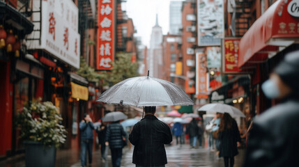 Obraz premium Grainy Film Street Photo of Chinatown on a Rainy Day