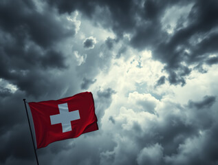  Swiss flag and dark clouds, crisis, blowing in the wind, stormy weather, 3d design, troubles, difficult times, national flag of Switzerland, love