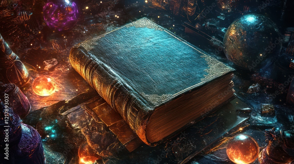 Poster mystical book of wisdom surrounded by glowing spheres and ancient artifacts in a fantasy setting