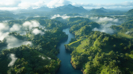 Golden rice terraces cascade down lush mountainsides, their vibrant colors harmonizing with the emerald jungle. A winding river snakes through the valley, offering a serene contrast