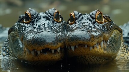 Obraz premium Two alligators resting in the water, heads close, with visible teeth and eyes staring at the viewer