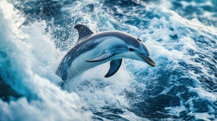 Fototapeta premium Dolphin jumping in ocean, close-up of sleek body breaking the surface, vibrant water splashing