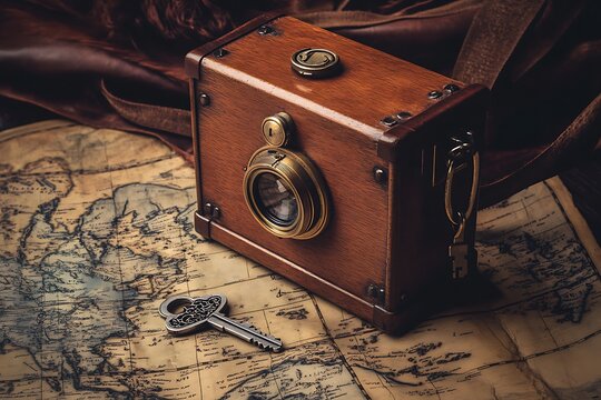 Antique Camera and Key on Vintage Map - Powered by Adobe