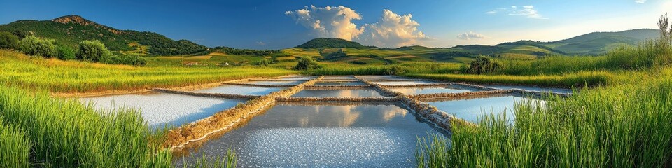 Stunning Panoramic View of Lush Green Rice Terraces with Reflective Water Under Blue Sky and Clouds in Rural Countryside Landscape for Travel and Nature Photography