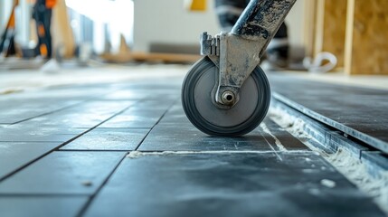 A wide shot of a tile cutter being used on a tiled surface under construction.