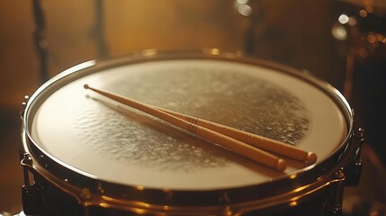 Obraz premium Drumsticks on snare drum, close-up of sticks resting on snare drum, soft lighting