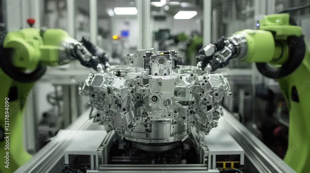 Poster precision robotic arms working on intricate aerospace components.