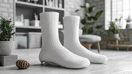 A pair of white ribbed socks placed stylishly on a wooden floor in a contemporary indoor setting, highlighting modern design aesthetics.