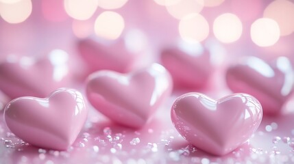 Fototapeta premium Romantic Valentines Day concept featuring pastel pink hearts soft bokeh lighting and a glossy finish