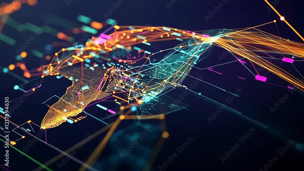 Poster colorful digital world map showing data exchange and network connections between continents, represe
