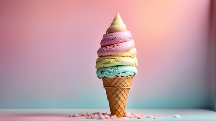 Pastel-colored ice cream in a waffle cone against a soft pink and blue gradient background.