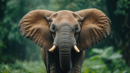 Elephant in wildlife reserve, close-up of wrinkled skin and tusks, lush greenery in background