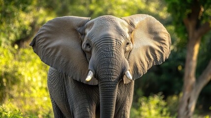 Fototapeta premium Elephant in wildlife reserve, close-up of wrinkled skin and tusks, lush greenery in background