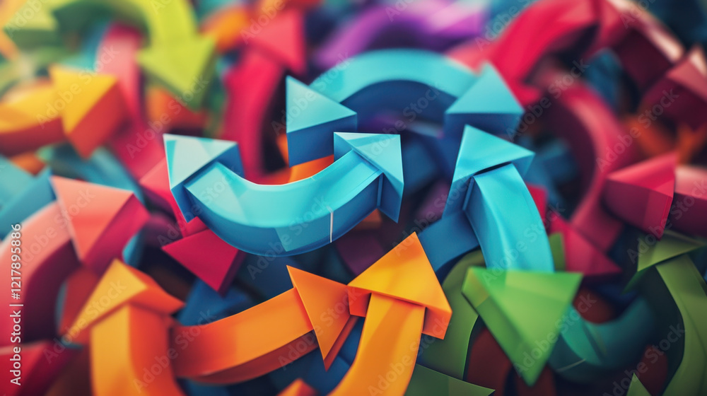 Poster colorful arrows in dynamic pattern, representing movement and direction. vibrant colors create energ