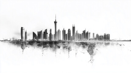 Obraz premium An abstract painting dubai. Drawing, pencil, white, sheet shadow, city, buildings, river. Buildings in shadow the river in city. A city with buildings and a river in the shadow lifestyle of a pencil.