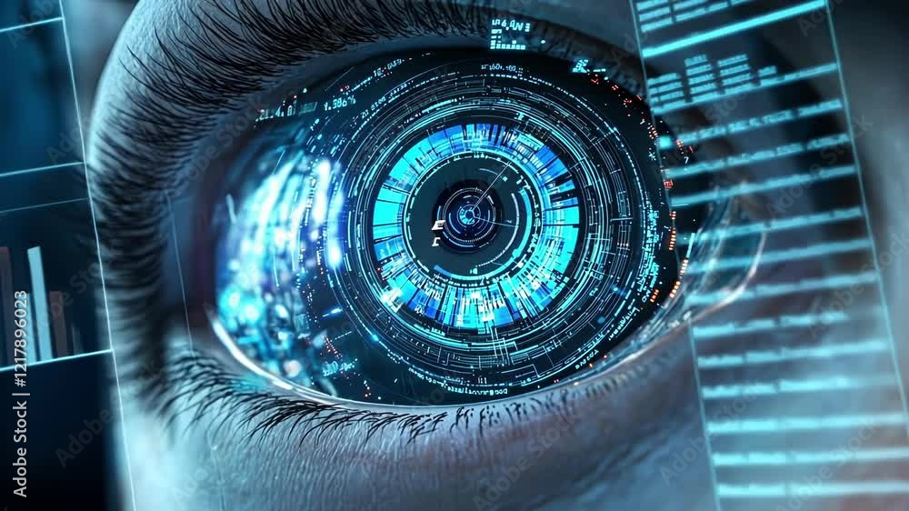Poster close up view of a futuristic cyborg eye featuring a sophisticated digital interface, processing and