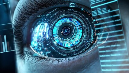Close up view of a futuristic cyborg eye featuring a sophisticated digital interface, processing and analyzing data within an advanced technological environment - Powered by Adobe