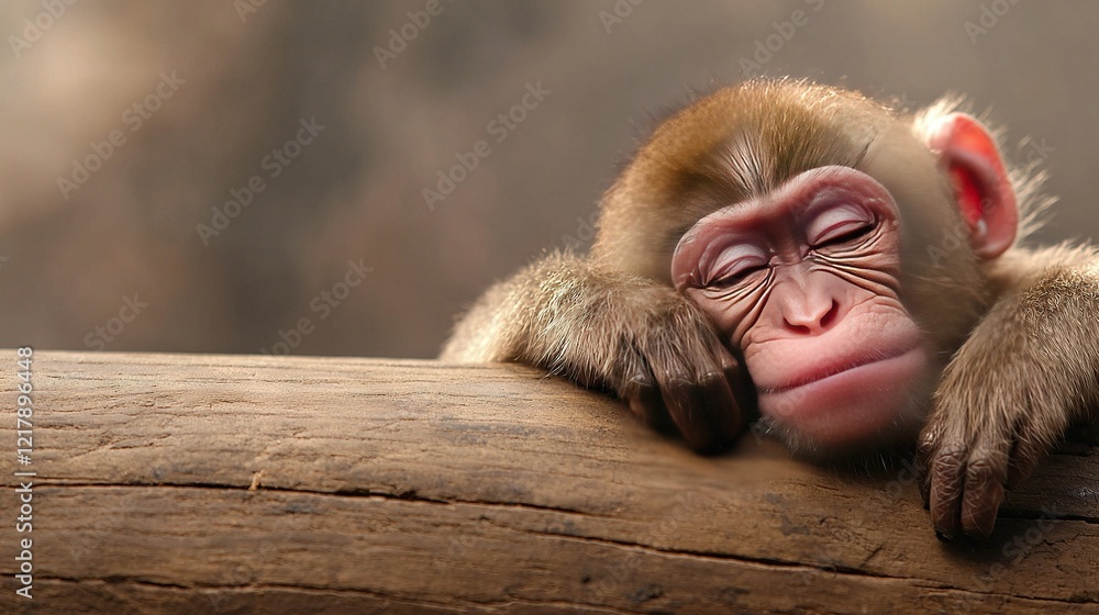 Poster a monkey resting its head on its back atop a log in a close-up