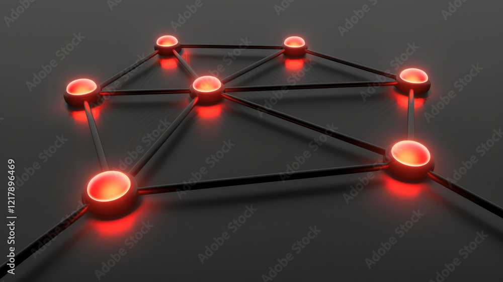 Poster digital network with glowing red nodes connected by dark lines, symbolizing connectivity and technol
