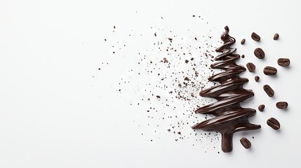 Fototapeta premium A Christmas tree made of chocolate chips and sprinkles sits on a white surface against a white background
